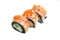 Philadelphia Sushi Roll made of Fresh shrimp, Avocado and Cream Cheese with black rice with cuttlefish ink inside. Isolated on Royalty Free Stock Photo