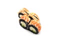 Philadelphia Sushi Roll made of Fresh shrimp, Avocado and Cream Cheese with black rice with cuttlefish ink inside. Japanese Royalty Free Stock Photo