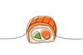 Philadelphia sushi roll one line colored continuous drawing. Japanese cuisine, traditional food continuous one line Royalty Free Stock Photo