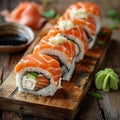 Philadelphia Sushi Rolls Set, Uramaki, Nori Maki or Futomaki Sushi with Raw Fish Fillet on Wood Royalty Free Stock Photo