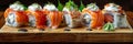 Philadelphia Sushi Rolls Set, Uramaki, Nori Maki or Futomaki Sushi with Raw Fish Fillet on Wood Royalty Free Stock Photo