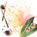 Philadelphia sushi rolls with soy sauce, chopstiks and leaf nory. Template for banner or menu design. Watercolor