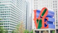 Philadelphia, USA. June 23, 2018. Popular love statue on the skyscrapers background, 16:9 panoramic format Royalty Free Stock Photo