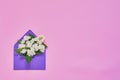 Philadelphus or mock-orange flowers in violet envelope on pink pastel background. Flat lay of Birthday, Mothers Day, bachelorette