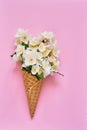 Philadelphus or mock-orange flowers in a waffle ice cream cone on pink background. Summer concept. Copy space, top view Royalty Free Stock Photo