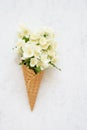 Philadelphus or mock-orange flowers in a waffle ice cream cone on white background. Summer concept. Copy space, top view Royalty Free Stock Photo