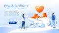 Philanthropy flat landing page with header, banner vector template. Donation of money, fundraising, charity website layout. Love