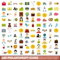 100 philanthropy icons set, flat style Royalty Free Stock Photo