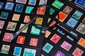 Philately magnifying glass and tweezers to see stamp collection Royalty Free Stock Photo