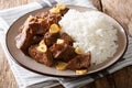 Philippine food: Salpicao beef with garlic and rice closeup on a