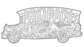 Philippine jeepney with tribal ornament. Palm tree, whale shark, mask, turtle, halo-halo. Vector coloring page.