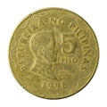 5 philippine peso coin 1998 obverse Royalty Free Stock Photo