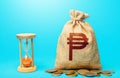 Philippine peso money bag and hourglass. Placing a deposit in the bank. Profitability and return on investment. Pension savings.