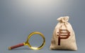 Philippine peso money bag and magnifying glass. Financial audit. Search for funding. Capital origins, legality of funds.