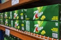 Boxes of 7up cans for sale at a hypermart