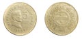 Philippines five piso coin on white isolated background