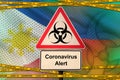 Philippines flag and Covid-19 biohazard symbol with quarantine orange tape. Coronavirus or 2019-nCov virus concept