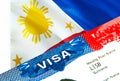 Philippines immigration visa. Closeup Visa to Philippines focusing on word VISA, 3D rendering. Travel or migration to Philippines Royalty Free Stock Photo
