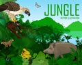 Philippines jungle forest with white-throated kingfisher, giant atlas moth, bearded pig and philippine eagle with monkey