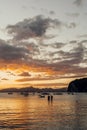 Philippines. Local boat`s silhouette at the bay. Sunset sky. El Nido. Royalty Free Stock Photo