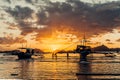 Philippines. Local boat`s silhouette at the bay. Sunset sky. Royalty Free Stock Photo