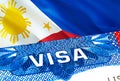 Philippines Visa. Travel to Philippines focusing on word VISA, 3D rendering. Philippines immigrate concept with visa in passport.