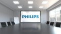 Philips logo on the screen in a meeting room. Editorial 3D animation