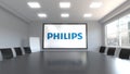 Philips logo on the screen in a meeting room. Editorial 3D rendering