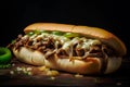 philly cheese steak sandwich with melted mozzarella on table and dark backkround