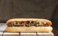 Philly cheese steak on wooden surface