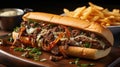 Philly Cheesesteak With Beef, Cheese, Peppers, And Caramelized Onion