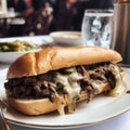 Philly steak sandwich with melted cheese top view. Fast food beef brisket sandwich. Royalty Free Stock Photo