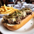 Philly steak sandwich with melted cheese top view. Fast food beef brisket sandwich. Royalty Free Stock Photo