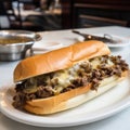 Philly steak sandwich with melted cheese top view. Fast food beef brisket sandwich. Royalty Free Stock Photo