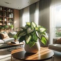 A Philodendron a decorative pot placed on a wooden table inside a living room by generative AI
