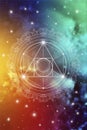 Philosopher stone sacred geometry spiritual new age futuristic illustration in front of cosmic background