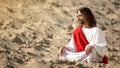 Philosopher in white robe meditating in desert with closed eyes, peace