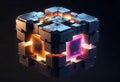 philosophical cube of existence, floating glowing elements, ideal nature environment, fantastic illustration,