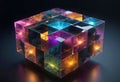 philosophical cube of existence, floating glowing elements, ideal nature environment, fantastic illustration,