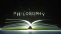 PHILOSOPHY text made of glowing letters vaporizing from open book. 3D animation