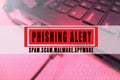 PHISHING ALERT: SCAM,SCAM,MALWARE,SPYWARE CONCEPTUAL with laptop background