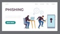 Phishing and computer fraud. Hacker criminal use laptop to cyber attack and get password information. Flat vector.