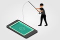 Phishing concept. A thief is holding a fishing rod above a cell phone.