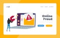 Phishing via Internet Landing Page Template. Tiny Hacker Hacking Personal Data from Laptop Screen, Fishing Messages