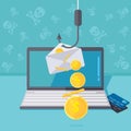 Phishing via internet vector illustration. Fishing by email spoofing or instant messaging. Hacking credit card or personal