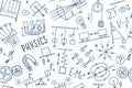 Phisics symbols doodle seamless pattern. Science subject cover template design. Education study concept. Back to school