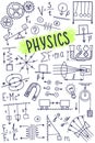 Phisics symbols icon set. Science subject doodle design. Education and study concept. Back to school sketchy background