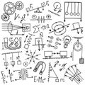 Phisics symbols icon set. Science subject doodle design. Education and study concept. Back to school sketchy background