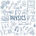 Phisics symbols icon set. Science subject doodle design. Education and study concept. Back to school sketchy background