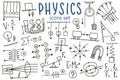 Phisics symbols icon set. Science subject doodle design. Education and study concept. Back to school sketchy background